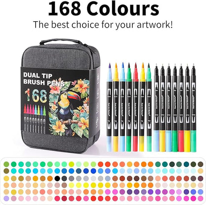 Double Brush Marker Pens, 168 Colors Art Markers Set with Fine Tip and Brush Tip for Kids Adult Coloring Book Hand Lettering Calligraphy Drawing Art Supplies Kit