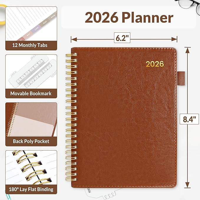 SUNEE 2026 Weekly & Monthly Planner 6.4"x8.5"- 12 Month (January 2026 - December 2026), Vegan Leather Cover, Pocket, Bookmark, Notes, Monthly Tab, Brown