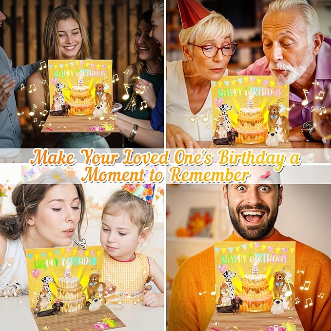Birthday Cards, Dog Funny Blowable Candle Pop up Greeting Card with Lights Music, Birthday Gifts for Women Men Dog Lover Mom or Dad
