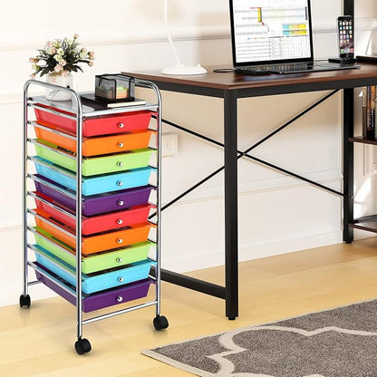 Storage Cart, Rolling Utility Cart with 10 Drawers, Portable Handles & Lockable Wheels, Mobile Paper Toys Storage Organizer Large Capacity for Home Office School Teacher (Multi-Color)
