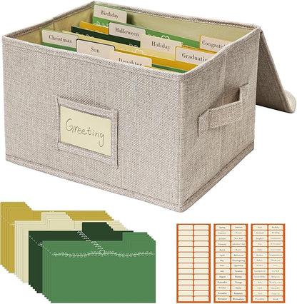 Vienrose Greeting Card Organizer Storage Box with 20 Removable Dividers, 84 Self-stick Labels, Perfect for Photos, Envelopes, Scrapbooking, Paper, Stickers Holder 1 Pack Beige