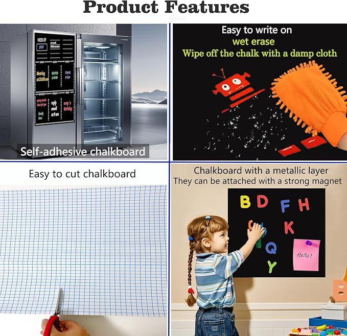 Magnetic Chalkboard Contact Paper 17.2" x 24" Self Adhesive Wall Board Sticker with Liquid Chalk for Kids Black Chalk Board Wallpaper Roll Alternative Magnetic Blackboard Paint