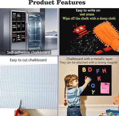 Magnetic Chalkboard Contact Paper 17.2" x 24" Self Adhesive Wall Board Sticker with Liquid Chalk for Kids Black Chalk Board Wallpaper Roll Alternative Magnetic Blackboard Paint