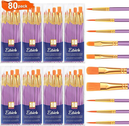 ESRICH Acrylic Paint Brushes Set, 8 Packs/80 Pcs, Nylon Brush Head, Suitable for Acrylic, Oil, Watercolor, Rock Body Face Nail Art,Perfect Suit of Art Painting(Purple)