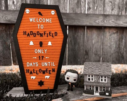 Coffin Letter Board Orange With Spooky Emojis +500 Characters, and Wooden Stand - 17x10.5 Inches - Gothic Halloween Decor Spooky Gifts Decorations