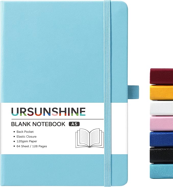 Blank Journal/Notebook - Classic Notebook/Journal with Ribbon Divider, Hardcover with Thick Paper, 5.3'' x 8.26'', Banded + Pen Holder +Inner Pocket - Light Blue