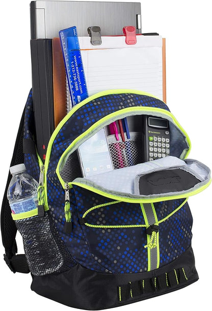 FUEL Hiking Backpack for Women Men Terra Sport, Travel, College, Gym, Work with Laptop Sleeve, Bungee, 18 Inches, Blue Hexagon