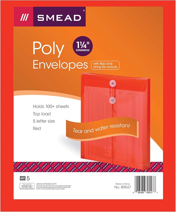 Smead Poly Envelope, 1-1/4" Expansion, String-Tie Closure, Top Load, Letter Size, Red, 5 per Pack (89547) (Pack of 2)