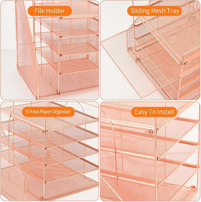 Desk Organizers and Accessories, 5-Tier Paper Letter Tray Organizer with File Holder, Desktop Organizer for Office Supplies, Office Desk Accessories & Workspace (Rose Gold)