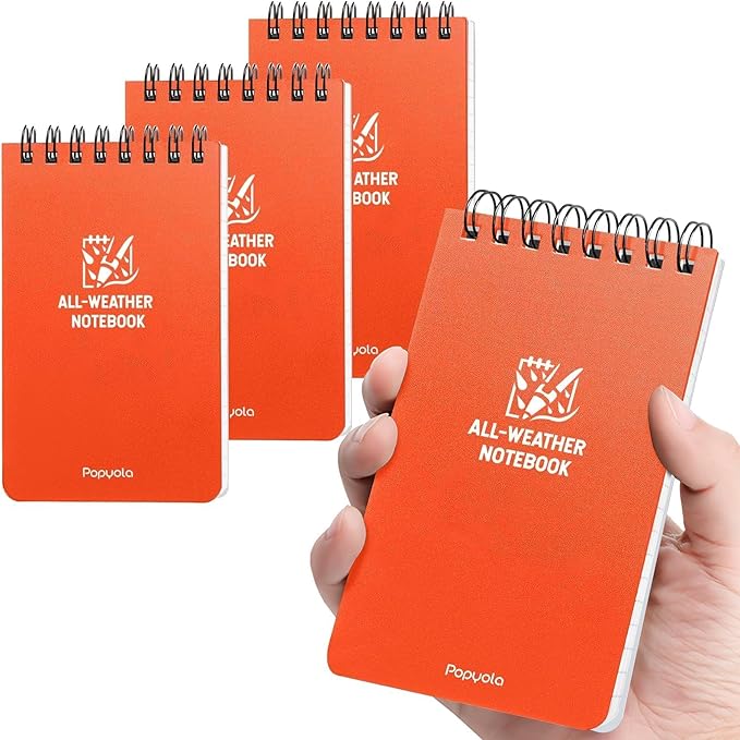 POPYOLA 4 Pack Waterproof Pocket Notebook, 3x5 Pocket Notepad, All Weather Mini Spiral Notepad, Write in the Rain Police Notepad with 100 Squared Pages for Outdoor Home Office School
