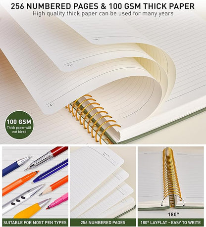 A4 Spiral Notebook Journal 8.5” x 11”, 256 Numbered Pages Hardcover Leather Journals for Women Men, Large Lined College Ruled Notebooks, 100GSM Thick Paper, Spiral Bound Journal for Work School, Green