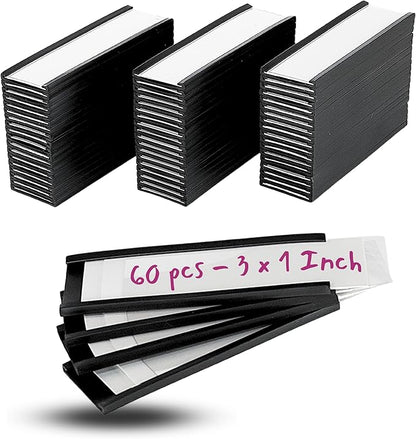Availey 60 Pack Magnetic 'C' Channel Label Holders for Metal Racks and Shelves with Protective Films and Replacement Strips 3" x 1"