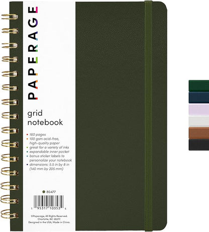 PAPERAGE Graph Paper Spiral Notebook & Journal, (Olive Green), 160 Pages, Medium 5.5 inches x 8 inches - 100 GSM Thick Graphing Paper, Hardcover, Double-Wire Grid Spiral Notebook