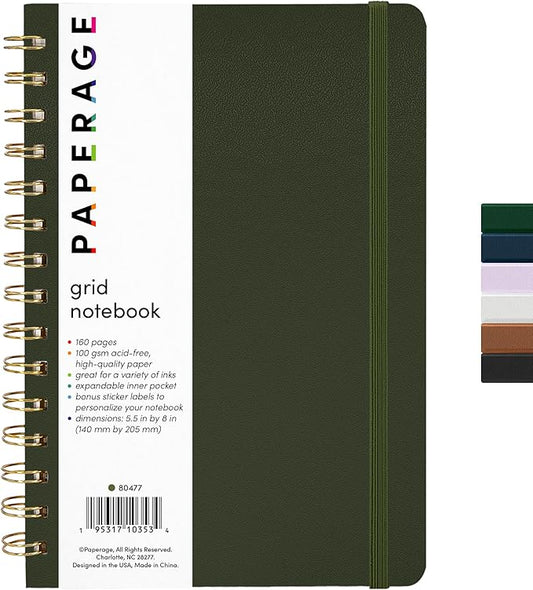 PAPERAGE Graph Paper Spiral Notebook & Journal, (Olive Green), 160 Pages, Medium 5.5 inches x 8 inches - 100 GSM Thick Graphing Paper, Hardcover, Double-Wire Grid Spiral Notebook