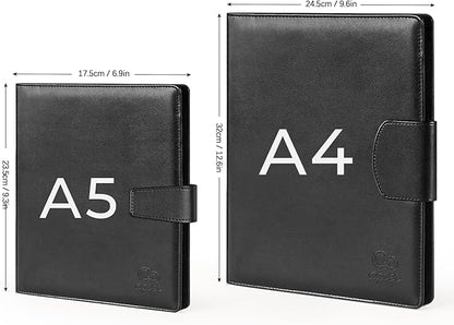 A5 Leather Portfolio Binder, Interview Legal Document Organizer with Magnetic Closure Cover with A5 Sized Papers,Sticky Tabs,Pen,Mini Document Organizer Folder for Men Women,Black