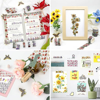 Flower Washi Tape Set, 34 Rolls Floral Tapes for Journaling Supplies, 25mm and 15mm Decorative Tape for Crafts, Christmas Gifts for Moms, Girlfriends, Kids (Rose, Sunflower, Lavender)