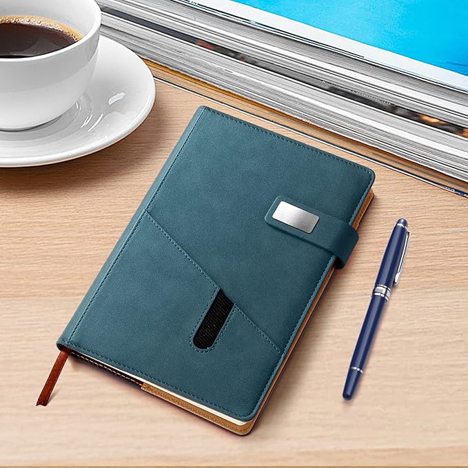 A5 Lined Leather Journal with Pen, 240 Pages Refillable Hardcover Notebook with Pocket and Magnetic Buckle, 80gsm Thick Daily Diary for Men and Women, Great Gift for Business School Travel Personal -