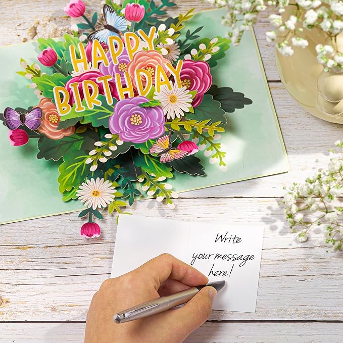 Happy Birthday Pop Up Card, Flowers and Butterflies, Floral 3D Greeting Card, Gift for Mom, Sister, Women, Grandma, Stepmother, Aunt, Daughter, 5x7 - Includes Envelope And Message Note