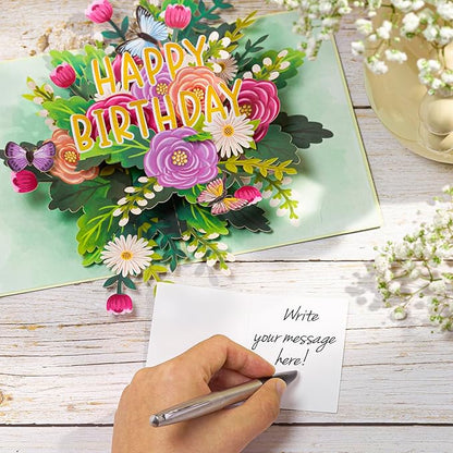 Happy Birthday Pop Up Card, Flowers and Butterflies, Floral 3D Greeting Card, Gift for Mom, Sister, Women, Grandma, Stepmother, Aunt, Daughter, 5x7 - Includes Envelope And Message Note