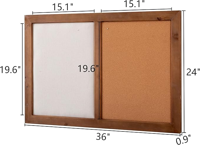 SOFE Large Cork Board Linen Pin Board Combo, Wood Framed Bulletin Board 36" X 24" Picture Board, Photo Wall Display, Vision Board Rustic Memo Board for Home Kitchen Office School