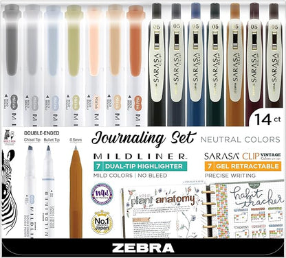 Zebra Pen Sarasa Clip Vintage and Mildliner Neutral Set, 7 Gel Pens, 7 Dual-Tip Highlighters Ideal for Bible Highlighting, No Bleed, Fine Point, Assorted Colors, 14-Pack (10114)