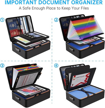 ENGPOW Fireproof Document Box with Lock, 5200℉ Soft Case Fireproof Box with 25 Colorful Pocket Accordion File Folder, Fireproof Water Resistant Safe Box File Organizer for Important Documents