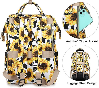 Sunflower Cow Print Laptop Backpack College School Backpack Bookbags Nurse Backpacks Travel Bags Casual Daypacks for Women Girls Fits 15.6 Inch Notebook