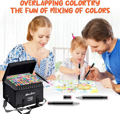 Alcohol Based Ink Art Markers, 168 Colors Broad&Fine Dual Tip Permanent Markers Pen Set for Professional Student Child Coloring Illustrations Sketch Drawing Painting Card Making (Black)