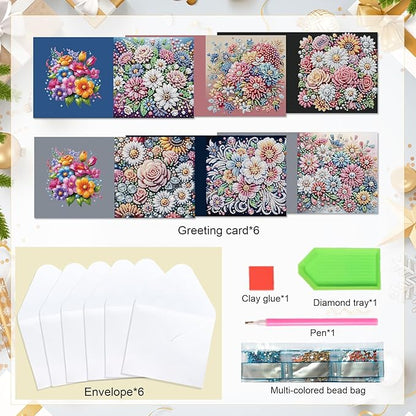 6 pcs Diamond Art Painting Greeting Card Kits - Beautiful Floral Design with Fine Glitter, 5D DIY Creative Special Shaped Diamonds Greeting Cards for Birthday Holiday Congratulations Crafts Gifts