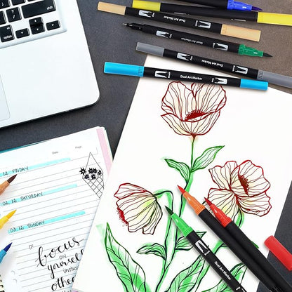 Brush Markers for Adults Coloring,36 Colors Art Markers Colored Pens for Bullet Journaling Note Taking Drawing Calligraphy Lettering,Art School Supplies