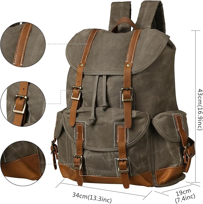 Backpack for Men Heavy Duty Waxed Canvas Vintage Women Trim Casual 15.6" laptop Travel Backpack-Olive green