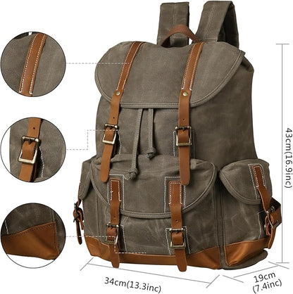 Backpack for Men Heavy Duty Waxed Canvas Vintage Women Trim Casual 15.6" laptop Travel Backpack-Olive green