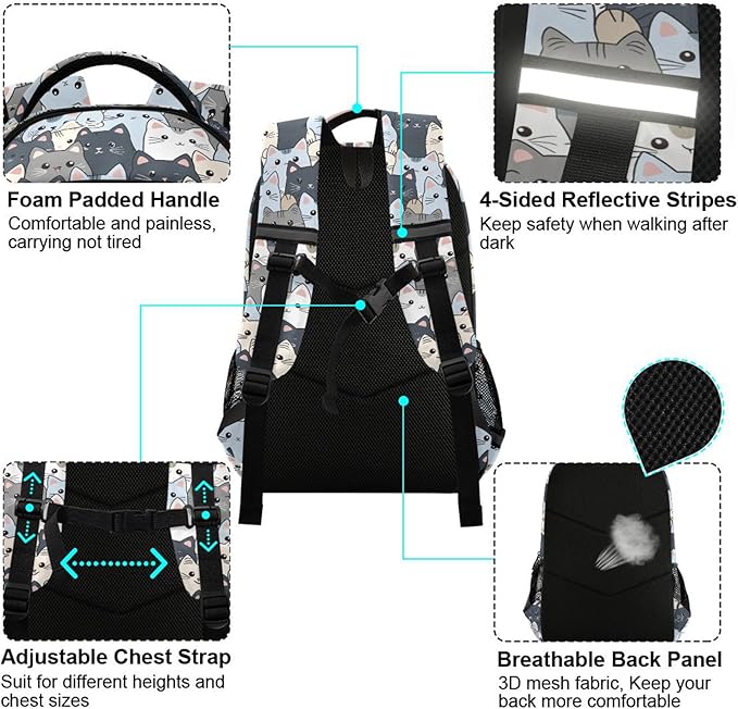 MNSRUU Laptop Backpack with Chest Strap, Cute Cat School Backpack, Travel Hiking Backpack for Boys Girls Teen Adult, Rucksack, Knapsack