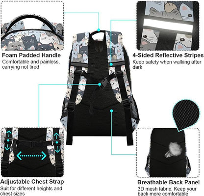 MNSRUU Laptop Backpack with Chest Strap, Cute Cat School Backpack, Travel Hiking Backpack for Boys Girls Teen Adult, Rucksack, Knapsack