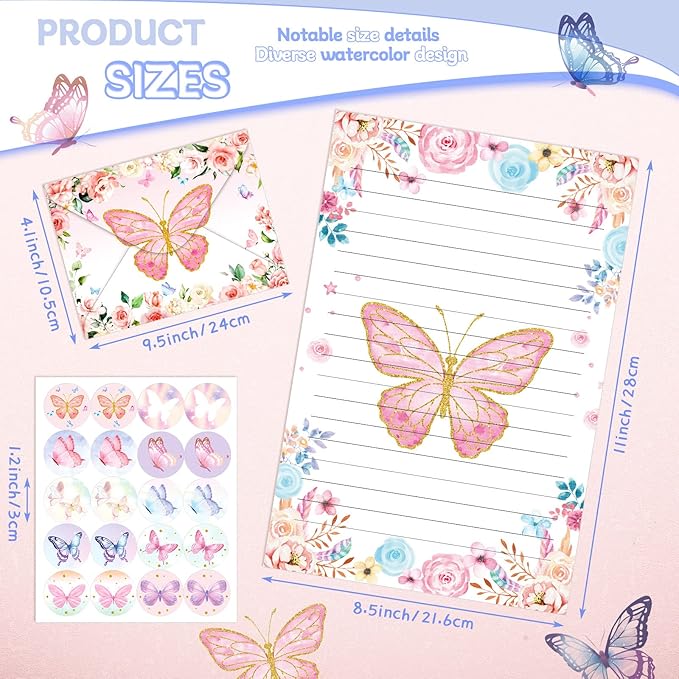 TaoBary 160 Packs Stationery Paper Set (50 Double Sided Stationery Writing Papers 50 Matching Envelopes) 60 Round Dot Sticker, 10 Design(Watercolor Butterfly,8.5 x 11 Inch)