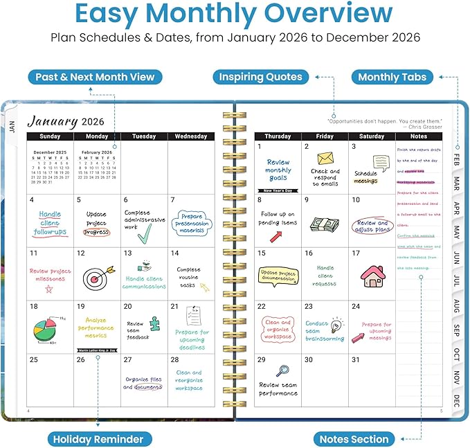 2026 Planner, Weekly and Monthly Planner for Women, January 2026 to December 2026, Pretty Hardcover 2026 Calendar Planner Book with Tabs, Inner Pocket, Spiral Bound, Perfect Office Home School Supplies - 8.5" x 11", Summer Valley