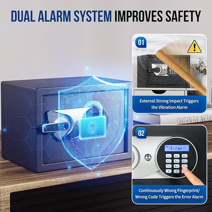 BlackSmith Home Safe 1.0 Cub Biometric Safe Box Fingerprint Recognition Security Safe with Keys Keypad Lock Box Secure Jewerly Valuables Wall Mount Cabinet Safe with LCD Display Dual Alarm System