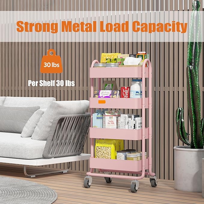 4-Tier Pink Rolling Cart,Metal Utility Rolling Cart with Handle,Multifunction Rolling Carts with Wheels,Kitchen Storage Carts Suitable for Office,Home,Kitchen,Garden（13.4"x18.1"x40"） Pink
