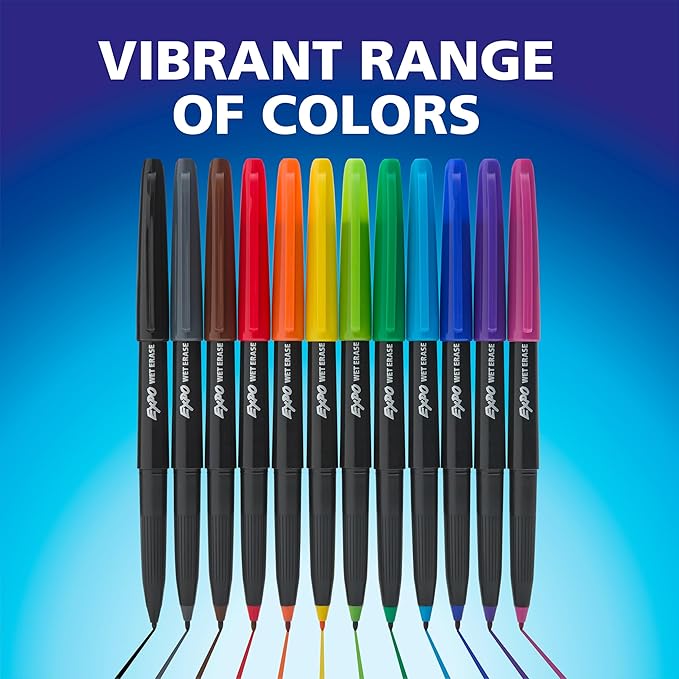 EXPO Wet Erase Markers, Semi-Permanent Markers, Assorted, Ultra Fine Tip, 12 Count