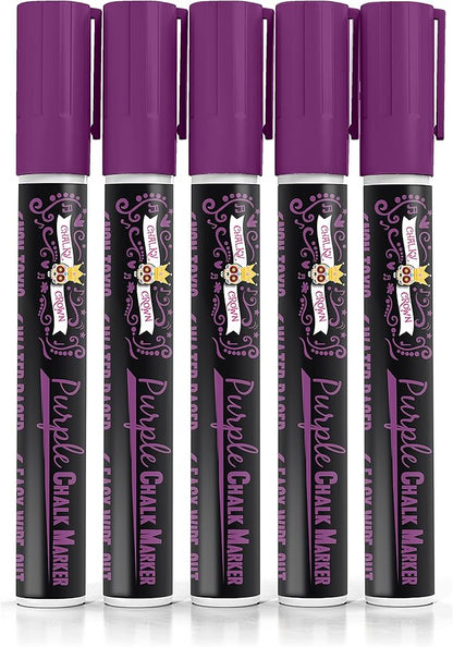 CHALKY CROWN Liquid Chalk Marker Pen - Dry Erase Marker - Chalk Markers for Chalkboard Signs, Windows, Blackboard, Glass - 6mm Reversible Tip (Purple, 5 Pack)