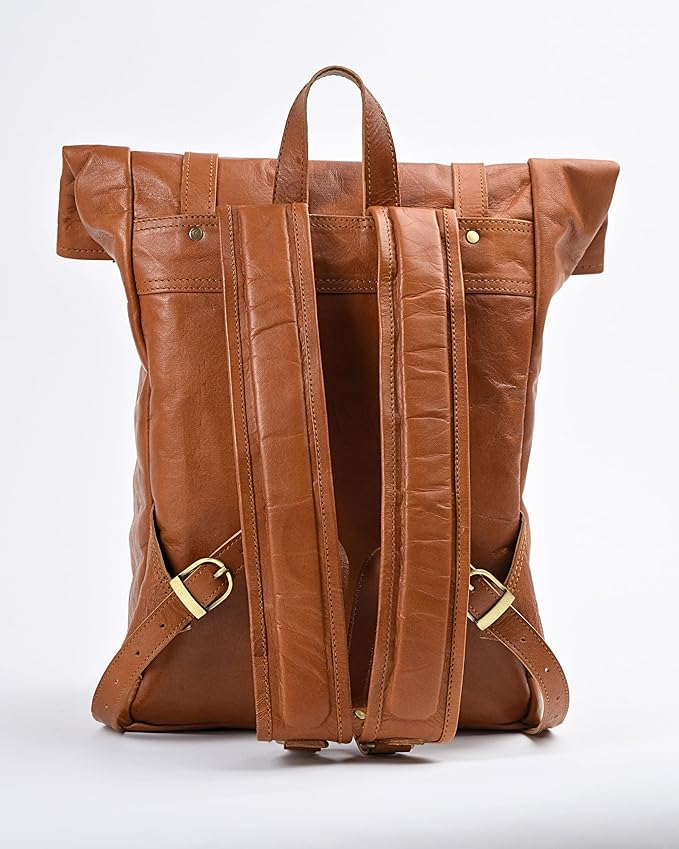Genuine Leather Backpack for Men & Women, Rolltop Laptop Bookbag, Vintage Back Pack Rucksack for work & travel, Brown (Tan)