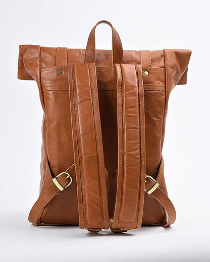 Genuine Leather Backpack for Men & Women, Rolltop Laptop Bookbag, Vintage Back Pack Rucksack for work & travel, Brown (Tan)