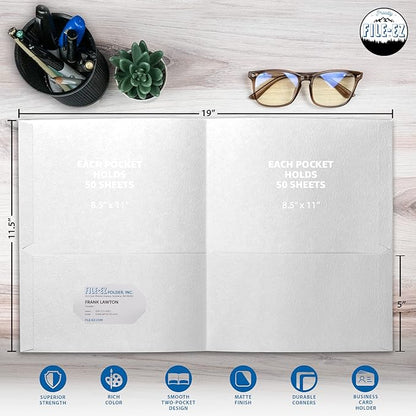 FILE-EZ Two-Pocket Folders, White, 25-Pack, Textured Paper, Letter Size (EZ-32510)