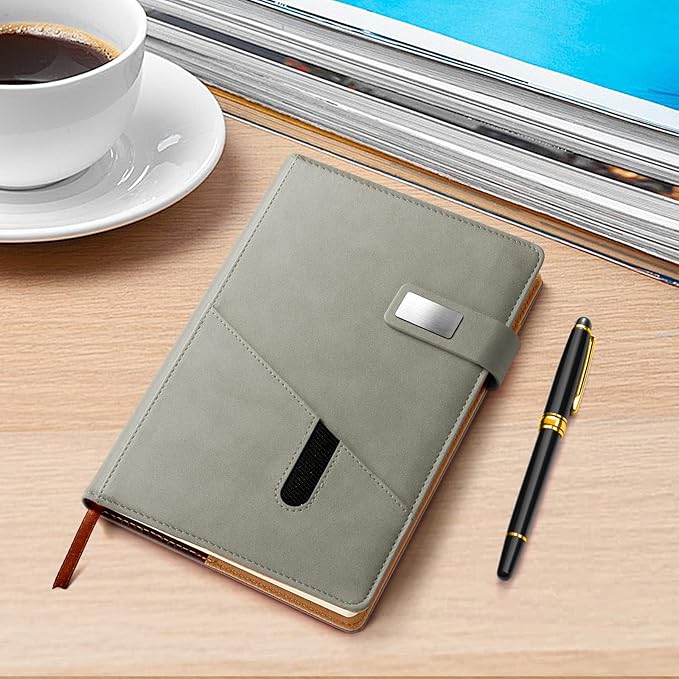 A5 Lined Leather Journal with Pen, 240 Pages Refillable Hardcover Notebook with Pocket and Magnetic Buckle, 80gsm Thick Daily Diary for Men and Women, Great Gift for Business Travel Personal - Gray