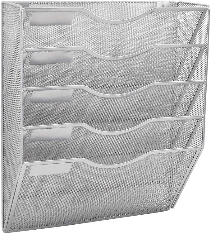 EASEPRES 5 Pocket Mesh Hanging Wall File Organizer, Wall Mounted Mail Paper Document Folder Holder, Clipboard Storage Organization Magazine Rack with Nametag Label for Office Home School, Silver