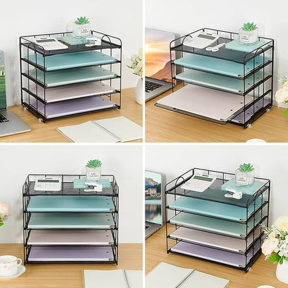5 Tier Mesh Paper Letter Tray Organizer, Desktop Mail Sorter Office Supplies Organizer for Desk, Desk Organizers and Accessories (Black)
