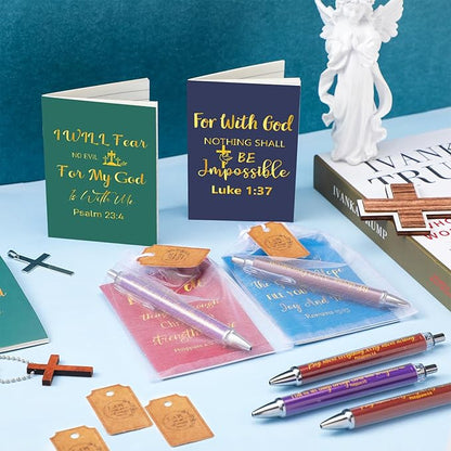 200 Pcs Bible Verse Sets Church Christian Gift Include 50 Scripture Notebooks 50 Bible Bamboo Pens 50 Thanks Tags 50 Organza Bags for Women Man Christian Party Gifts(Colorful,Novel)