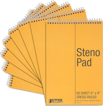 Better Office Products Spiral Steno Pads, 8 Pack, 6 x 9 inches, 60 Sheets, White Paper, Gregg Rule, Natural Board Cover, 8 Steno Notebooks