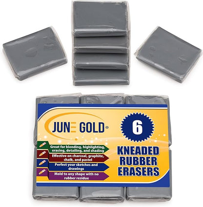 June Gold Kneaded Rubber Erasers, Gray, 6 Pack - Blend, Shade, Smooth, Correct, and Brighten Your Sketches and Drawings