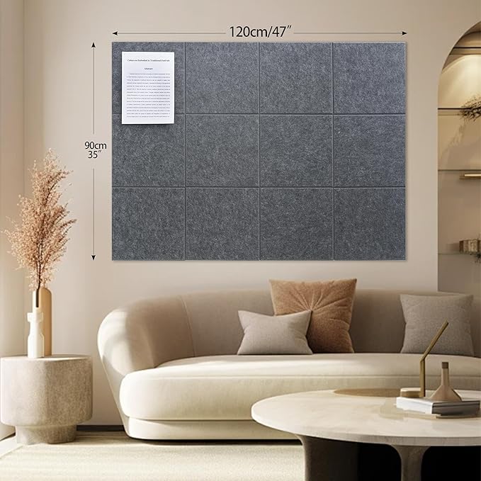 Large Felt Bulletin Board(48" x 36"),Cork Board Alternative,12 Pack Felt Wall Tiles with Safe Removable Adhesive Tabs,Notice Pin Board/Message Board/Vision Board for Office, School & Home